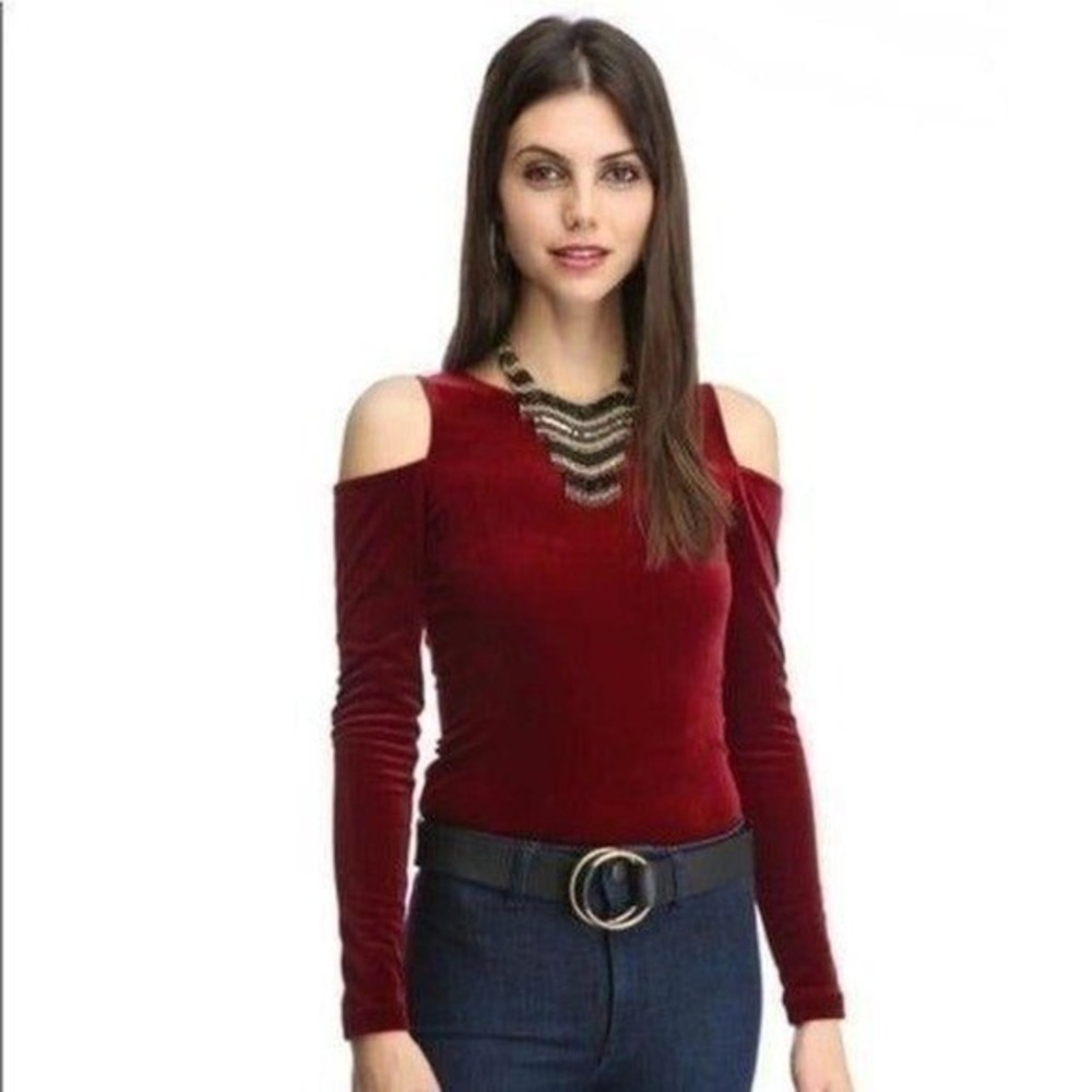 Willow and Clay Top Women Medium Burgundy NWT Cold Shoulder Velvet Crop - Picture 3 of 8
